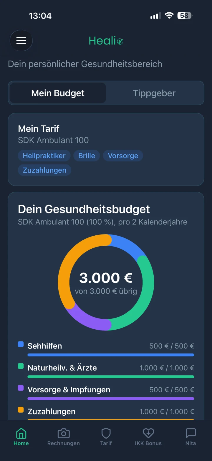 Healio App Dashboard mit Tarif- und Gesundheitsbudget-Übersicht