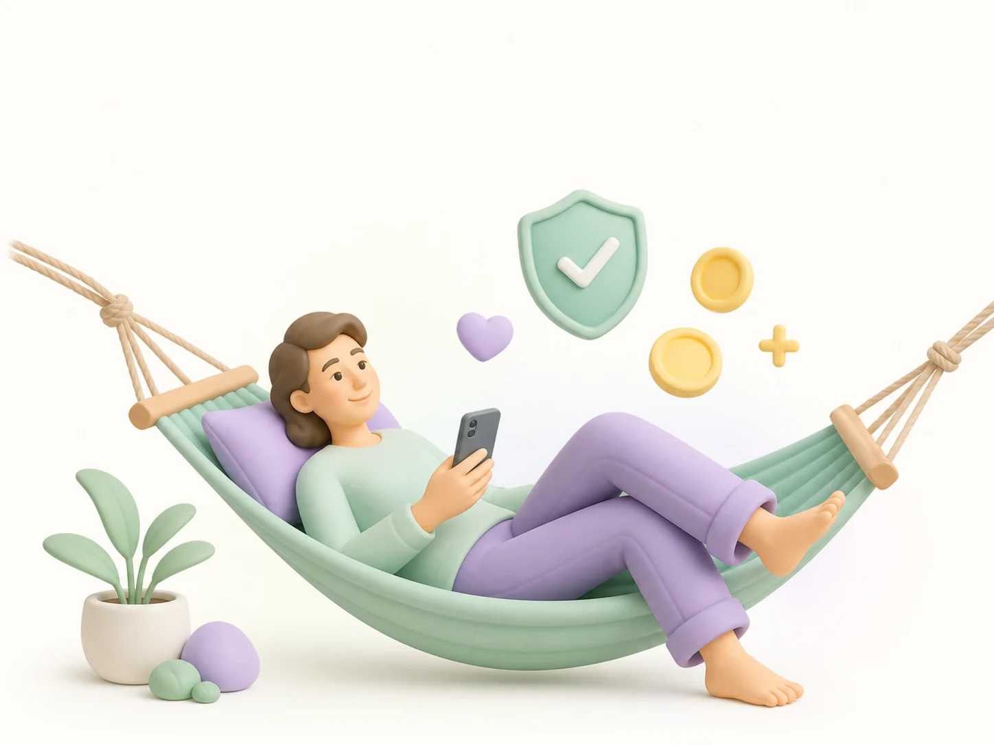 Entspannte Person in einer Hängematte mit Smartphone, Schutzschild und Gesundheitsbudget-Symbolen