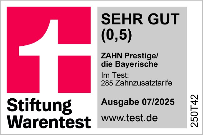 Stiftung Warentest SEHR GUT (0,5), ZAHN Prestige der Bayerischen, Ausgabe 07/2025