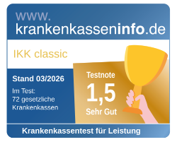 Krankenkasseninfo IKK classic Leistungstest Note 1,5 Sehr Gut, Stand 03/2026