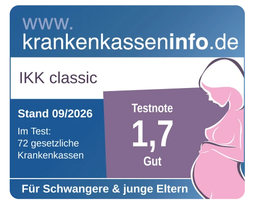krankenkasseninfo.de health fund test for expectant and new parents: IKK classic grade 1.7 (good), as of 09/2026, 72 statutory health funds tested