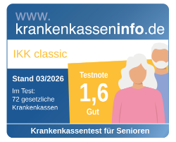 Krankenkasseninfo IKK classic Krankenkassentest für Senioren Note 1,6 Gut, Stand 03/2026