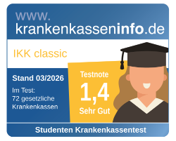 Krankenkasseninfo IKK classic Studenten Krankenkassentest Note 1,4 Sehr Gut, Stand 03/2026